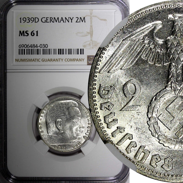 GERMANY-Third Reich Silver 1939 D 2 ReichsMark NGC MS61 Hindenburg KM# 93 (030)