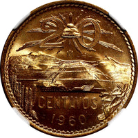 MEXICO Bronze 1960 Mo 20 Centavos NGC MS64 RD NICE FULL RED BU KM# 440 (006)