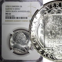 SWEDEN Silver 1932 G 2 Kronor NGC MS62 Death of Gustaf II Adolf BU KM# 805 (002)