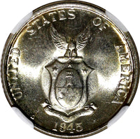 Philippines Silver 1945 D 20 Centavos NGC MS65 Nice GEM BU  KM#182 (023)