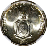 Philippines Silver 1945 D 20 Centavos NGC MS65 Nice GEM BU  KM#182 (023)