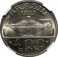 BRAZIL Oswaldo Cruz Copper-Nickel 1937 400 Reis NGC MS64 KM# 539 (030)