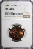 PHILIPPINES Bronze 1904 1 Centavo NGC MS64 BN Nice Toned KM# 163 (046)