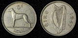Ireland Republic Copper-Nickel 1947 6 Pence Wolfhound  XF KM# 13a (28 973)