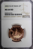 Isle Of Man Elizabeth II 2002 2 Pence GEM BU NGC MS64 RD KM# 1037 (031)