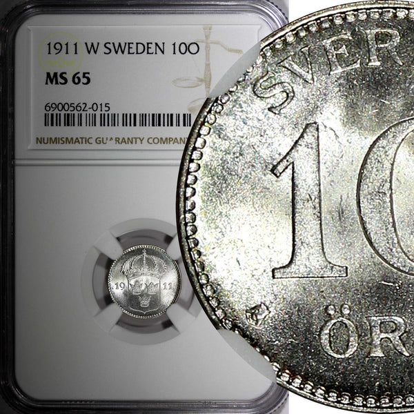 Sweden Gustaf V (1908-1950) Silver 1911 W 10 Ore NGC MS65 GEM BU KM# 780 (015)