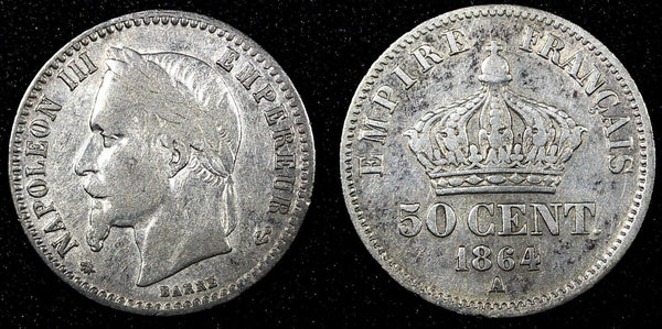 FRANCE Napoleon III Silver 1864 A 50 Centimes 1st Year Type KM#814.1 (25 501)