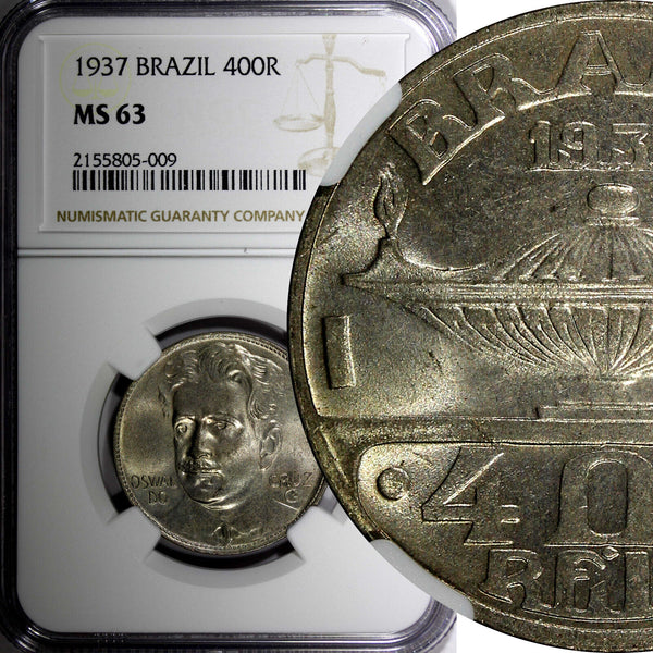 BRAZIL Oswaldo Cruz Copper-Nickel 1937 400 Reis NGC MS63 KM# 539 (009)