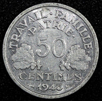 France Aluminum 1943  50 Centimes WWII Issue aUNC KM# 914.1 (24 976)