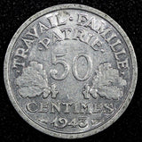 France Aluminum 1943  50 Centimes WWII Issue aUNC KM# 914.1 (24 976)