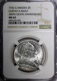 SWEDEN Silver 1932 G 2 Kronor NGC MS63 Death of Gustaf II Adolf BU KM# 805 (005)