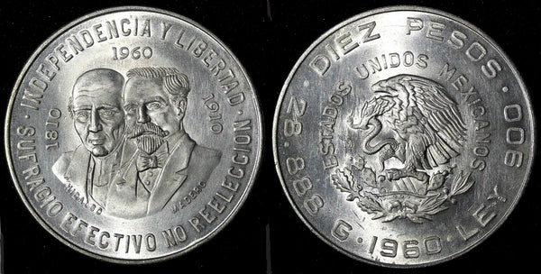 MEXICO Silver 1960 Mo 10 Pesos War of Independence 40mm ;28,88g. UNC  KM# 476(2)