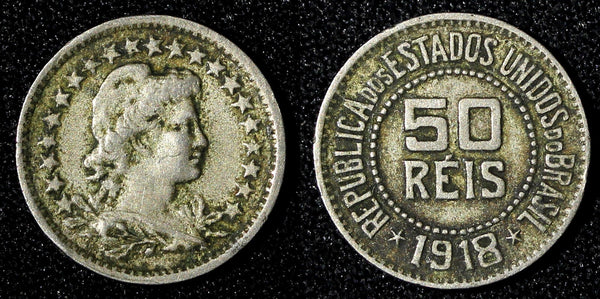BRAZIL Copper-Nickel 1918 50 Reis  KM# 517 (27 649)