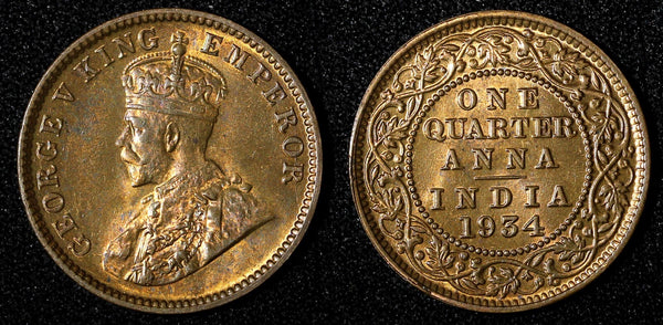 India-British George V Bronze 1934 (C) 1/4 Anna UNC Red Toned KM# 512 (27 695)