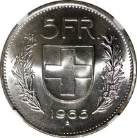 Switzerland Silver 1965 B 5 Francs NGC MS64 	31.45 mm GEM BU KM# 40 (4)