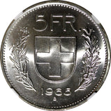 Switzerland Silver 1965 B 5 Francs NGC MS64 	31.45 mm GEM BU KM# 40 (4)