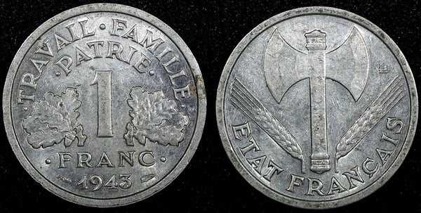 FRANCE Aluminum 1943 1 Franc WWII ISSUE XF+ KM# 902.1   (24 979)