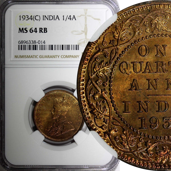 India-British George V Bronze 1934 (C) 1/4 Anna NGC MS64 RB NICE RED KM# 512 (4)