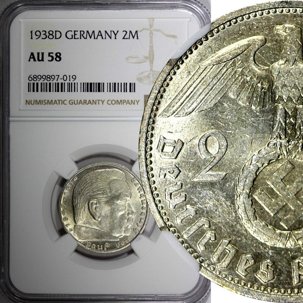 Germany-Third Reich Silver 1938 D 2 Reichs Mark NGC AU58 Hindenburg KM# 93 (019)