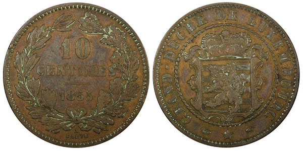 Luxembourg William III Bronze 1855 A  10 Centimes Paris Mint  KM# 23.2 (24 509)