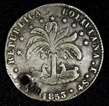 BOLIVIA Simon Bolivar Silver 1853  J 4 Soles Paz Barehead RARE KM# 124.1 (590)