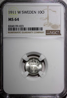 Sweden Gustaf V (1908-1950) Silver 1911 W 10 Ore NGC MS64 GEM BU KM# 780 (023)