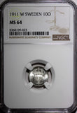 Sweden Gustaf V (1908-1950) Silver 1911 W 10 Ore NGC MS64 GEM BU KM# 780 (023)