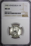 Venezuela Silver 1945 1 Bolivar WWII  US Mint 1 Year Type NGC MS64 Y# 22a (011)