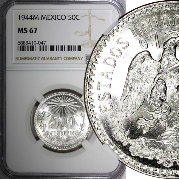 Mexico ESTADOS UNIDOS Silver 1944 M 50 Centavos NGC MS67 GEM BU KM# 447 (047)