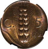 Italy Vittorio Emanuele III 1921 R 5 Centesimi NGC MS65 BN TOP GRADED KM# 59 (0)