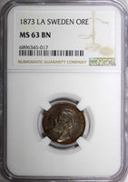 SWEDEN Oscar II (1872-1907) Bronze 1873 L.A. 1 Ore NGC MS63 BN KM# 728 (017)