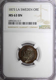 SWEDEN Oscar II (1872-1907) Bronze 1873 L.A. 1 Ore NGC MS63 BN KM# 728 (017)