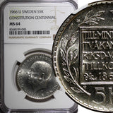 SWEDEN Silver 1966 U 5 Kronor NGC MS64 Constitution Reform 1 YEAR KM# 839 (045)