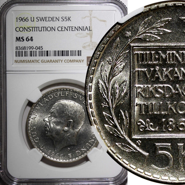 SWEDEN Silver 1966 U 5 Kronor NGC MS64 Constitution Reform 1 YEAR KM# 839 (045)