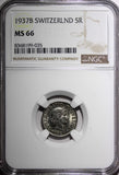 SWITZERLAND Nickel 1937 5 Rappen NGC MS66 GEM BU  Toned KM# 26b (035)
