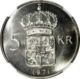 SWEDEN Gustaf VI Silver 1971 U 5 Kronor 34mm NGC MS65 Mintage-712.500 KM#829 (8)