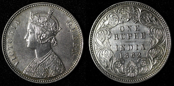 India-British Victoria Silver 1862 (B) Rupee Better Date aUNC KM# 473.1 (28 298)