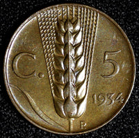 ITALY Vittorio Emanuele III  Bronze 1934 R 5 Centesimi ch.UNC KM# 59 (28 249)