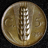 ITALY Vittorio Emanuele III  Bronze 1934 R 5 Centesimi ch.UNC KM# 59 (28 249)
