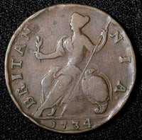 Great Britain George II Copper 1734 1/2 Half Penny KM# 566 (28 289)