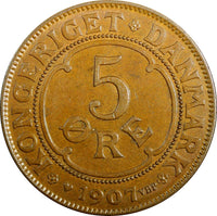 Denmark Frederik VIII Bronze 1907 VBP; GJ 5 Ore UNC Condition KM# 806 (23 803)
