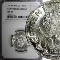 BRAZIL Silver 1913 A 1000 Reis NGC MS63 Liberty.Continuous Legend KM# 513 (005)