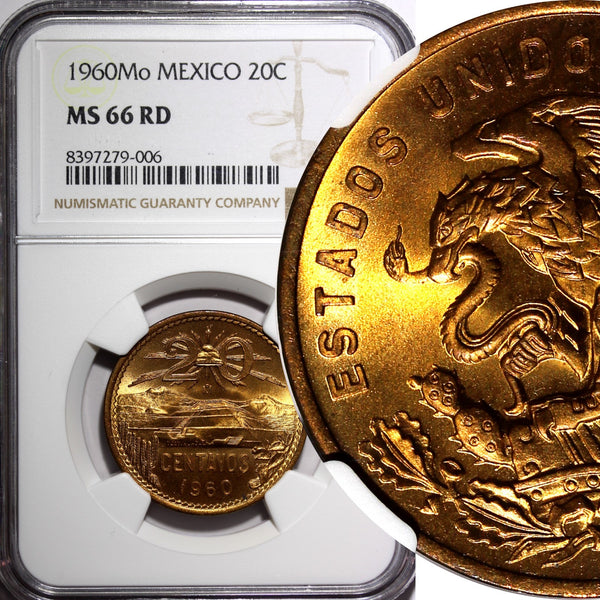 MEXICO Bronze 1960 Mo 20 Centavos NGC MS66 RD NICE FULL RED BU KM# 440 (006)