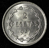 Spain Civil War EUZKADI 1937 2 Pesetas 1 Year Type Brussels Mint  UNC KM# 2 (99)