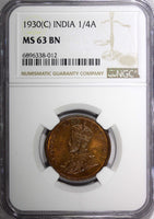 India-British George V Bronze 1930 (C) 1/4 Anna NGC MS63 BN KM# 512 (012)