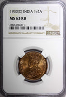 India-British George V Bronze 1930 (C) 1/4 Anna NGC MS63 RB KM# 512 (011)