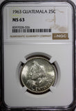 GUATEMALA Silver 1963 25 Centavos NGC MS63 GEM BU KM# 263 (026)
