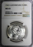 Luxembourg Charlotte Silver 1963 100 Francs NGC MS65 Millennium KM# 52 (011)