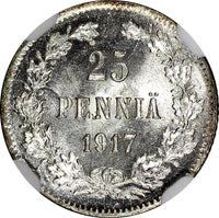 Finland Nicholas II 1917 S 25 Pennia NGC MS64 Grand Duchy KM# 6.2 (13)