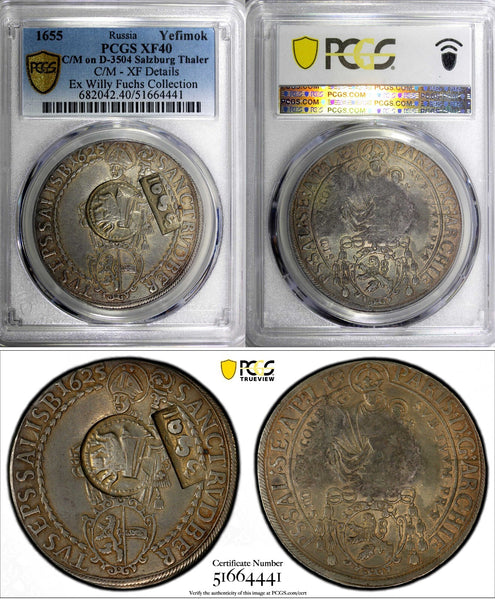 RUSSIA Silver 1655 Yefimok PCGS XF40 C/M on Salzburg Thaler D-3504 RARE Ex.Fuchs